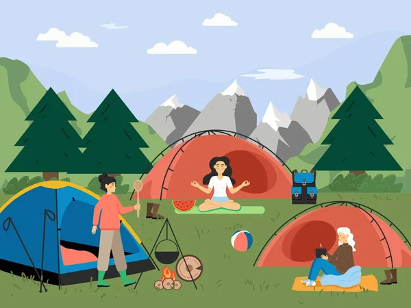 Sommerwandern. Campingplatz. Glückliche Frauen meditieren, kochen Essen auf Feuer, trinken Tee, flache Vektorillustration. — Stockvektor