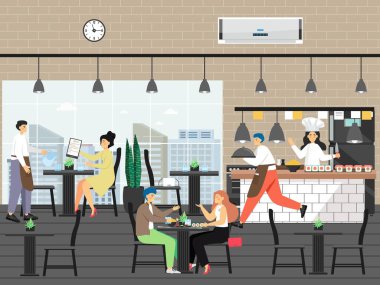 Restorandaki insanlar, düz vektör çizimi. Mutfakta aşçı, müşterilere servis yapan garsonlar, suşi yiyen çiftler..