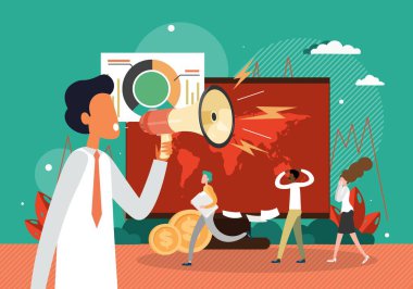 Kızgın patron çalışanlarına megafonla bağırıyor, düz vektör çizimi. İşyeri stresi, çatışma.