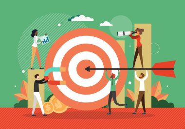 Hedef düz vektör illüstrasyonuna ulaşın. İş görüşü, hedef başarısı. İş büyümesi, başarı, kariyer.