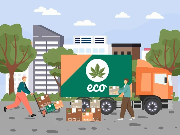 Loaders loading hemp delivery truck with boxes, vector illustration. Cannabis delivery service, legal marijuana business — Stock Vector