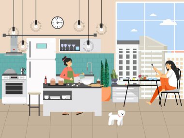 Mutlu anne ve kız Paskalya kutlaması için hazırlanıyor, Paskalya pastası pişiriyor ve yumurta boyuyor, düz vektör çizimi yapıyor..