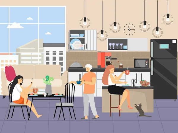 Mujer feliz, pareja desayunando en casa, ilustración vectorial plana. Café, té, comida saludable. Rutina diaria — Archivo Imágenes Vectoriales