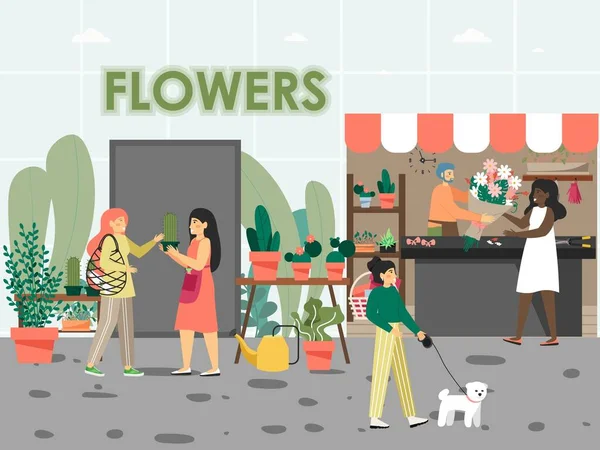 Pessoas que vendem buquê de flores frescas, cacto planta suculenta na loja de flores, ilustração vetorial plana. Serviço de florista. — Vetor de Stock