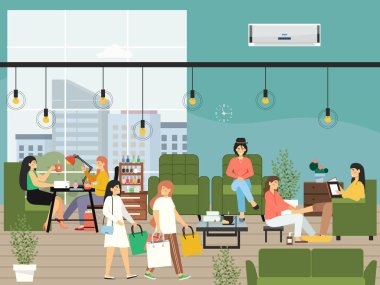 Güzellik salonundaki kadınlar, düz vektör çizimi. Tırnak sanatçıları manikür ve pedikür yapıyor. Tırnak hijyeni ve tedavisi.