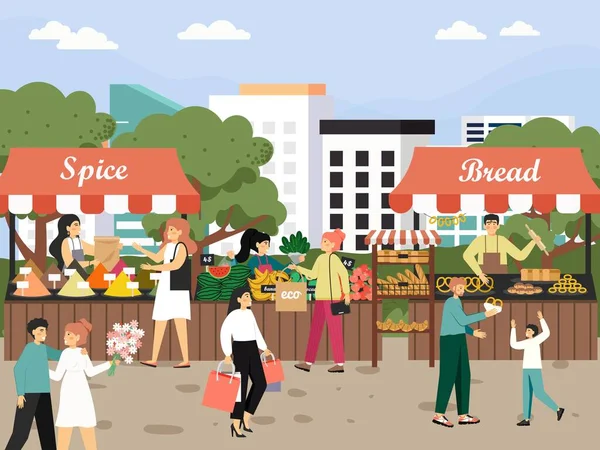 Mercato locale. Persone che acquistano frutta fresca, verdura, spezie, pane, illustrazione vettoriale piatta. — Vettoriale Stock