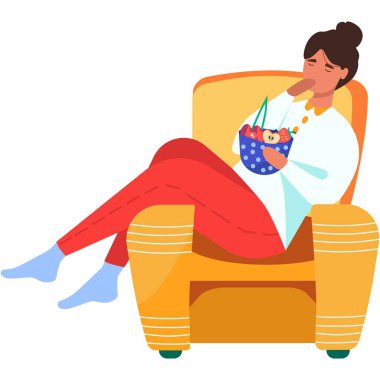 Meyve kasesi vektörü. Sağlıklı yemek ikonu olan bir tabak. Elma, armut, portakal, çilek yiyen bir kadın tabaktan taze meyve karışımı yiyor. Beyaz arka planda izole edilmiş, iskemle simgesinde oturuyor.