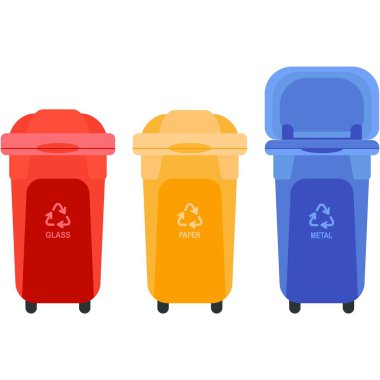 Çöp tenekesi çöp ayıklama ve ikon vektör resimleme için geri dönüşüm kutusu. Kağıt, plastik, teknoloji ve organik atık ayrımı için beyaz arka planda izole edilmiş çöp kutusu