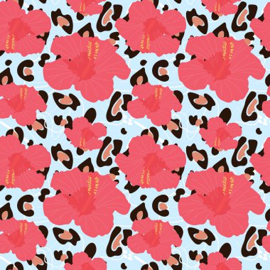 Tropik çiçek desenli. Tekstil, giyim, kumaş, ambalaj kağıdı, duvar kağıdı için hibiscus ve leopar deseni.