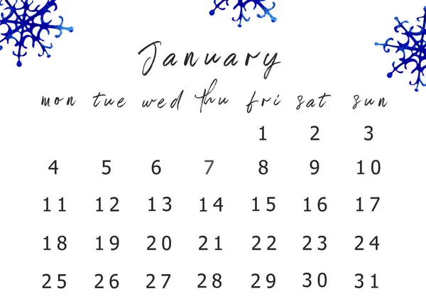 Nadruk 2021 Styczeń Kalendarz Format Poniedziałek Kalendarz — Zdjęcie stockowe