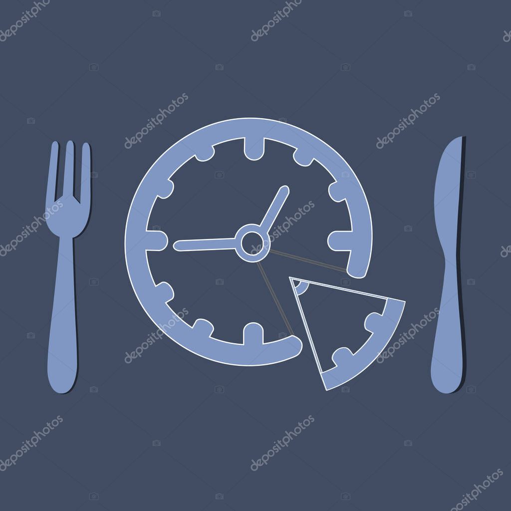 Creative Lunch Illustration with Plate, Fork & Knife & Pizza Slice Isolated on Silver Background. Restaurant Concept. Vector Illustration