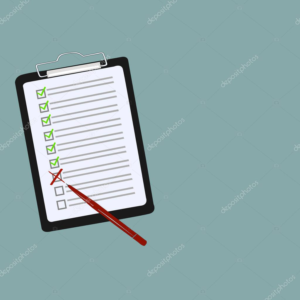 Notebook Page with Checklist & Pen Marking Things Done. Flat Design Vector Illustration