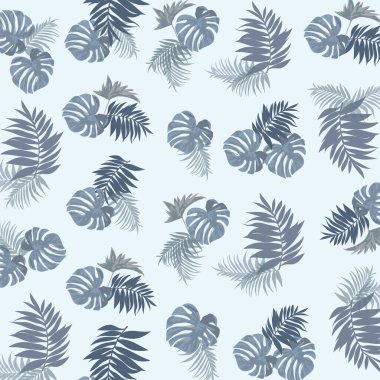 Tekrarlanan tropikal desen ve tekrarlanan palmiye ağacı yaprakları beyaz arka planda izole edilmiş. Vektör İllüstrasyonu