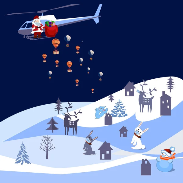 Covid-19 Salgını. Noel arifesi sahnesi. Modern Santa Flying by Helicopter with Presents and Everybody Meet him out with Face Mask Keep Social Mesafe. Karakter Vektör İllüstrasyonu