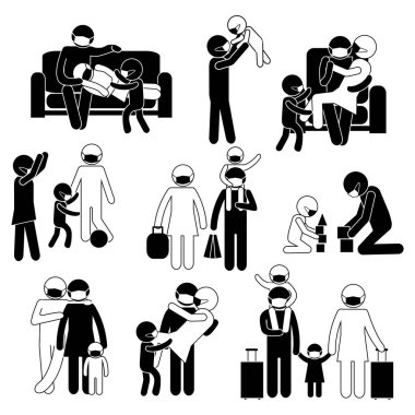 Covid-19 Salgını. Aile Eğlencesi Tohether. Çoklu etnik çeşitlilik kavramı. Şekil Resim Simgesi çubuğu. Vektör İllüstrasyonu