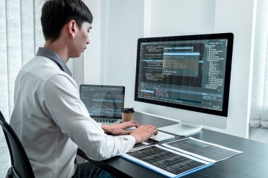 Ofiste kodlama programı yazılım bilgisayarı üzerinde çalışan geliştirici programcısı, web sitesi yazma ve geliştirme veritabanı teknolojisi.