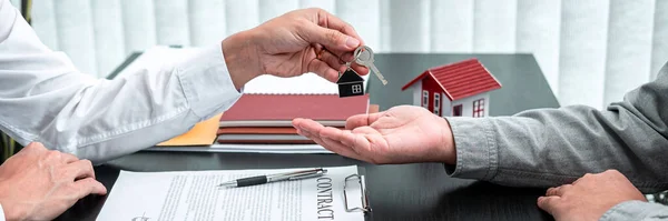 Real Estate Agent Presenting Home Loan Giving Keys Customer Signing — Stock Photo, Image