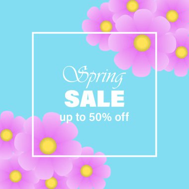 Parlak gerçekçi çiçekleri olan güzel bir bahar indirimi afişi. İndirim% 50 indirimle. Özel terfi. Renkli bir geçmiş. Teklif şablonu, tanıtım, ağ