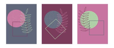 Soyut geometrik posterler seti. Duvar dekorasyonu için minimalist şekilli modern resimler. Yapraklı ve basit figürlü tasarım. Pankart, sosyal medya, broşür, kartpostal şablonu