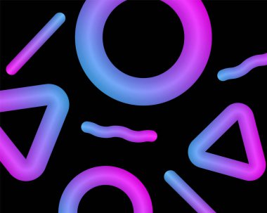 Üç boyutlu soyut arkaplan. İnanılmaz neon geometrik tasarım ve siyah arka plan gradyanı. Rakamlarla dolu renkli bir şablon. Web, mobil, duvar kağıdı, broşür, sunum için