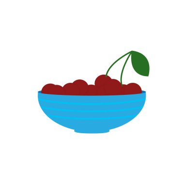 Kasede kiraz. Lezzetli kırmızı böğürtlenlere mavi bardakta tırman. Çizgi film vektör çizimi. Düz dizaynlı sağlıklı yiyecekler beyaz arkaplanda izole edilmiş