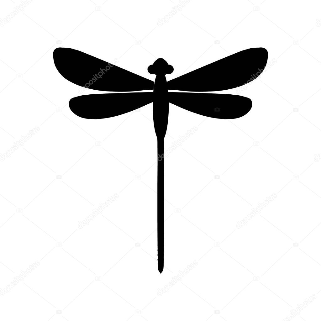 Icon of dragonfly isolated on white background. Black darning-needle silhouette. Flat style flying adder. Vector illustration for logo, web site, packaging, pattern, wrapping