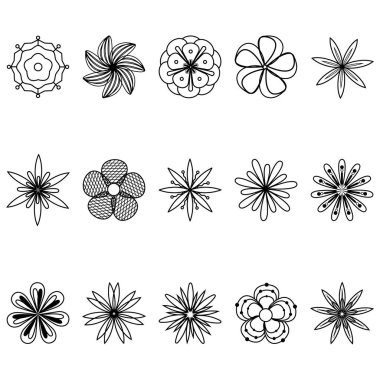 Çiçek seti. Taslak simgeleri. Çiçek tasarımı. Dövme, tekstil, davetiye, ambalaj, ambalaj, tebrik kartı unsurları