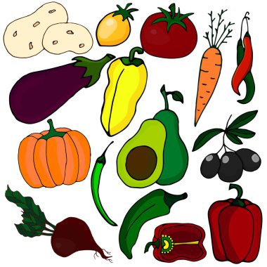 El yapımı sebzeler. Tasarımınız için vejetaryen öğeler. Yiyecek, içecek ve mutfak malzemeleri serisi. Kartpostallar, posterler, rozetler, logo, çıkartmalar, parmak izleri için uygun..