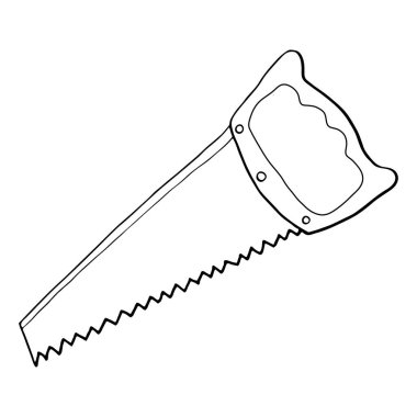 El testeresi. Eldeki büyük uzun metal dosya beyaz arkaplanda izole edilmiş karalama biçimi. Vektör ana hatlı hisse tasviri. Araç bahçe elementini imzala. Ağaç budama Boyama Kitabı.