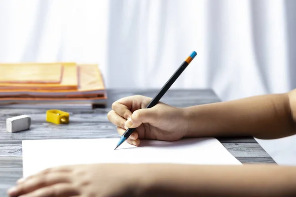 Selective Focus Hand Indian Child Writing Pencil Notebook — Stock Photo, Image