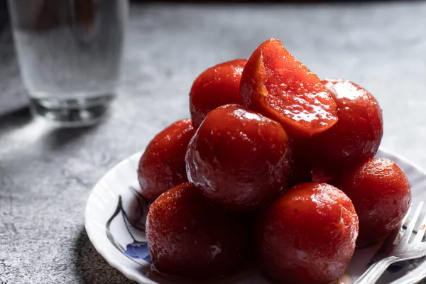 Grupo Sabrosas Mermeladas Gulab Rebanadas Dulces Indios Servidos Plato —  Fotos de Stock