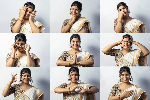 Kollázs Többszörös Képek Egy Indiai Száriban Sok Arckifejezések Vagy Érzelmek — Stock Fotó