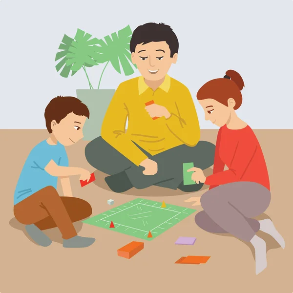 Aile yerde otururken bir masa oyunu oynuyor. Evde kal. Kendine dikkat et. Karantinaya alın. Mutlu dost aile.