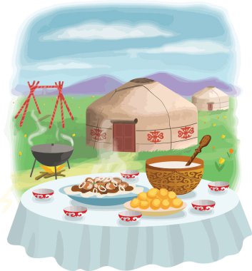 Laid table for the Nauryz holiday. Kazakh national dishes beshparmak, baursak, kumis drink. Yurts, swing altybakan, mountains and tulips on the background clipart