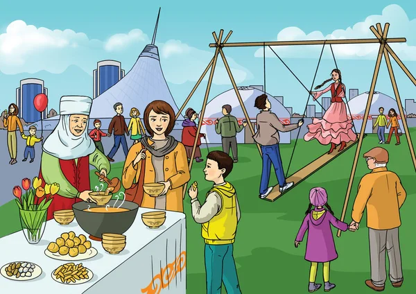 Nur-Sultan 'da (Kazakistan) Nauryz kutlamaları. İllüzyon. Yaşlı bir kadın, yoldan geçenlere Nauryz-kozhe adlı ulusal yemeği ikram ediyor. Masada bir lale ve baursaks var. Gençler Altbakan salıncağına biniyor. Khan-Sha 'nın arka planına karşı