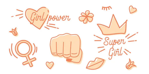 Vectorset Badges Stickers Meisjeskracht Super Girl Feministische Citaten Modieuze Illustratie — Stockvector