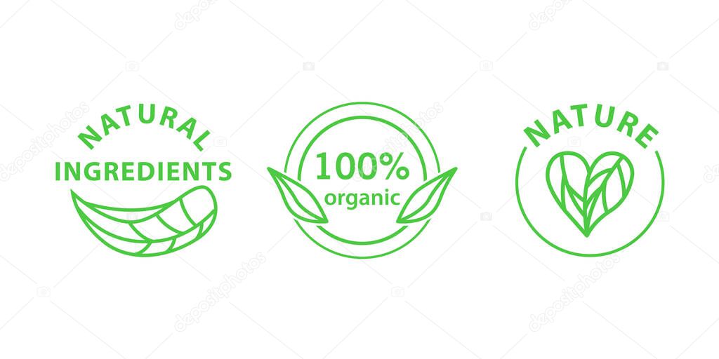 Vector collection of badges for applying on natural products and cosmetics. Icons natural ingredients, 100% organic, nature.