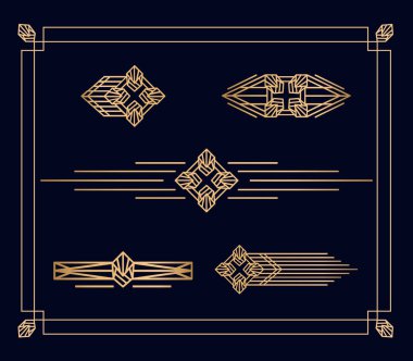 Koyu mavi arkaplanda soyut geometrik tasarım elementlerinin vektör kümesi. Art Deco dekorasyonları. Lüks. Eski model. Ayrıştırıcılar ve başlıklar.