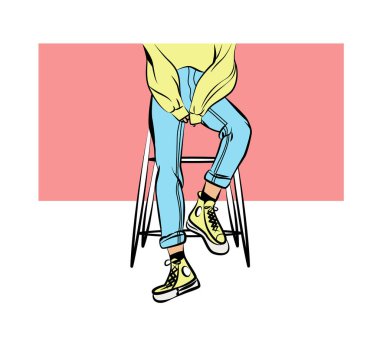 Sarı kazaklı, kot pantolonlu ve spor ayakkabılı vektör kız. Modaya uygun bir görüntü. Moda illüstrasyonu. Tarzdan k-pop 'a. Tişörtlere baskı yapılıyor.