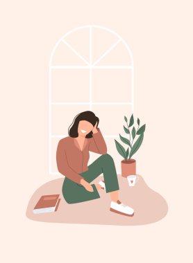 Elinde kitap, kahve ve çiçek saksısı olan bir kızın pencere pervazında oturmasının vektör çizimi. Modern renkli illüstrasyon. Mutlu kız. ozluk.