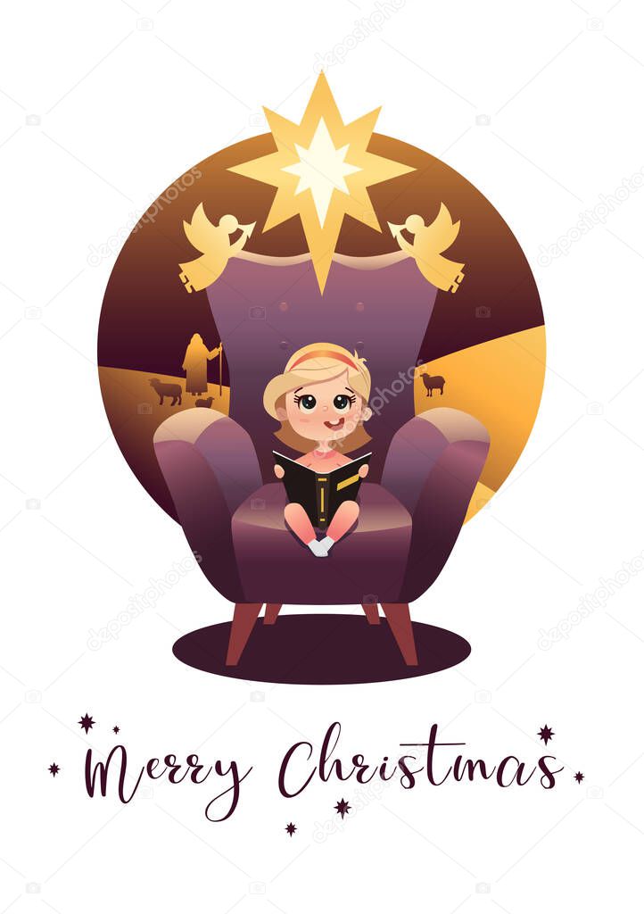 Illustration of a christmas story. Little girl is reading a book. Vector graphics. Christmas card. Bible narratives design.