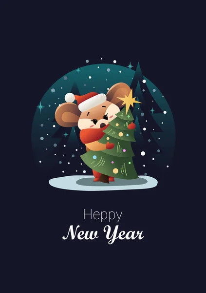 Silvesternacht Weihnachtskarte Maus Mütze Niedliches Tier — Stockvektor