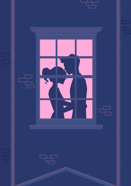 Loving Couple Hugs Standing Window Illustration Guy Kisses Girl Vector — Stock Vector