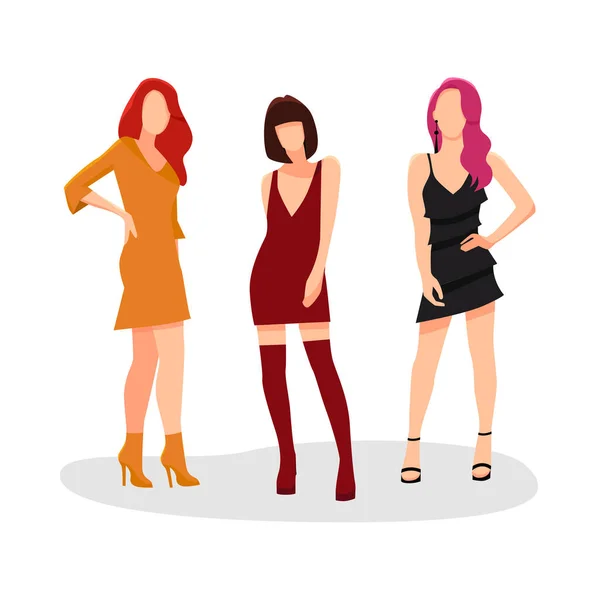 Kolekcja Ilustracja Dziewcząt Sukienkach Modnej Odzieży Zestaw Wektorowy Dziewczynami Mody — Wektor stockowy