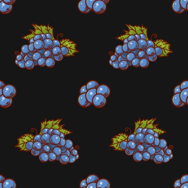 Üzümler pürüzsüz desen. Siyah üzerine güzel bir arka plan. Kumaş, tabak ya da kağıt basmak için birebirdir..