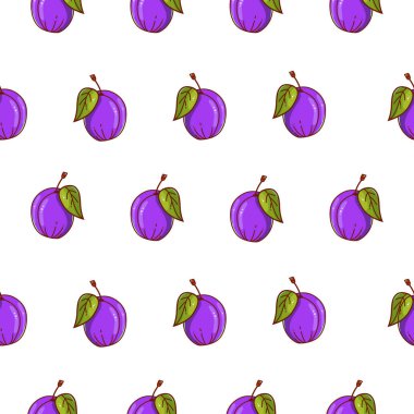 Vektör erik pürüzsüz desen. Beyaz üzerine güzel bir yaz meyvesi arka planı. Kumaş, tabak ya da kağıt basmak için birebirdir..