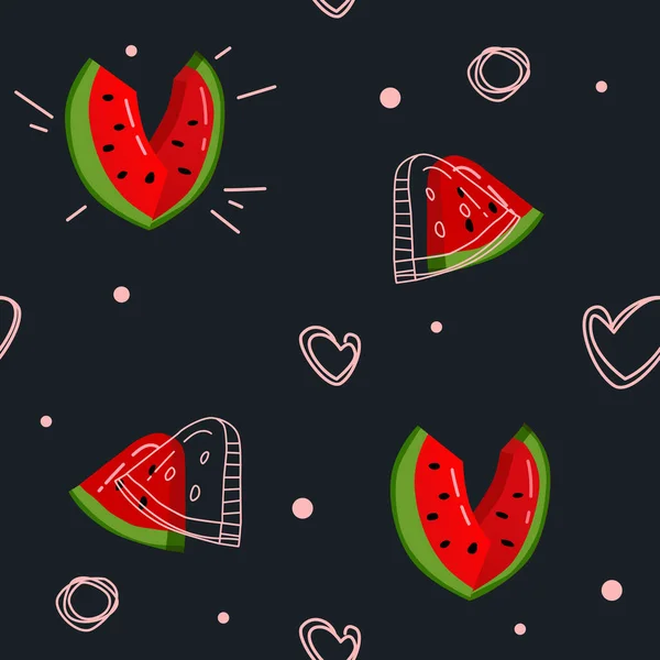 Watermelon Pattern Dark Background Summer Pattern Heart — Stock Vector