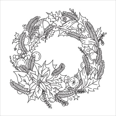 Black and white drawing of a Christmas wreath. Holly, stars, Christmas balls, berries, needles. Coloring book page for adult. Holiday concept. Coloring antistress and for art therapy. vector Black and white drawing of a Christmas wreath. Holly, stars, Christmas balls, berries, needles. Coloring book page for adult. Holiday concept. Coloring antistress and for art therapy. vector