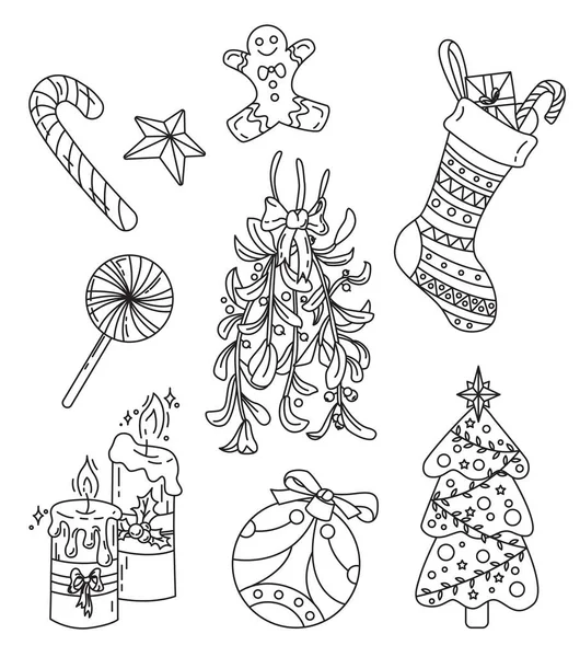 Vektor Set Von Weihnachtsdekorationen Antistress Malseite Schwarz Weiße Zeichnungen Mistel — Stockvektor