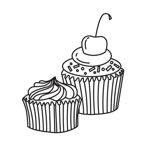 Dessin Noir Blanc Deux Cupcakes Crème Cerise Dessiné Main Clip — Image vectorielle